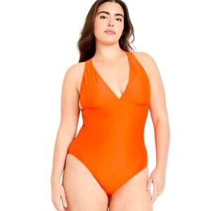 NWT Old Navy Tie-Back One-Piece Plunge Front Swimsuit 4X Orange Full Coverage